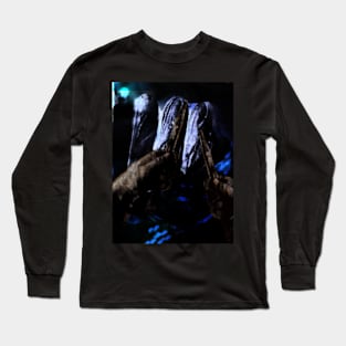 Digital collage, special processing. Unknown fields. Person holding two spikes near mystic alien like construction. Blue and gold. Long Sleeve T-Shirt